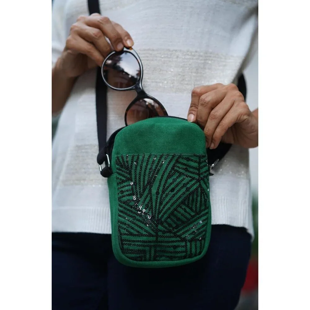 Canvas Crossbody Bag Girls Women Cotton Sequin Embroidery Compact Stylish